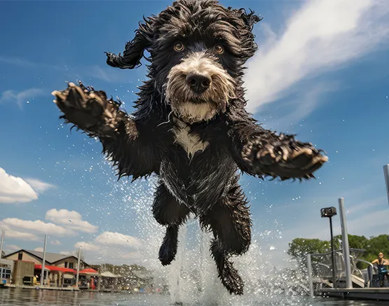 Portugiesischer Wasserhund spielt im Wasser